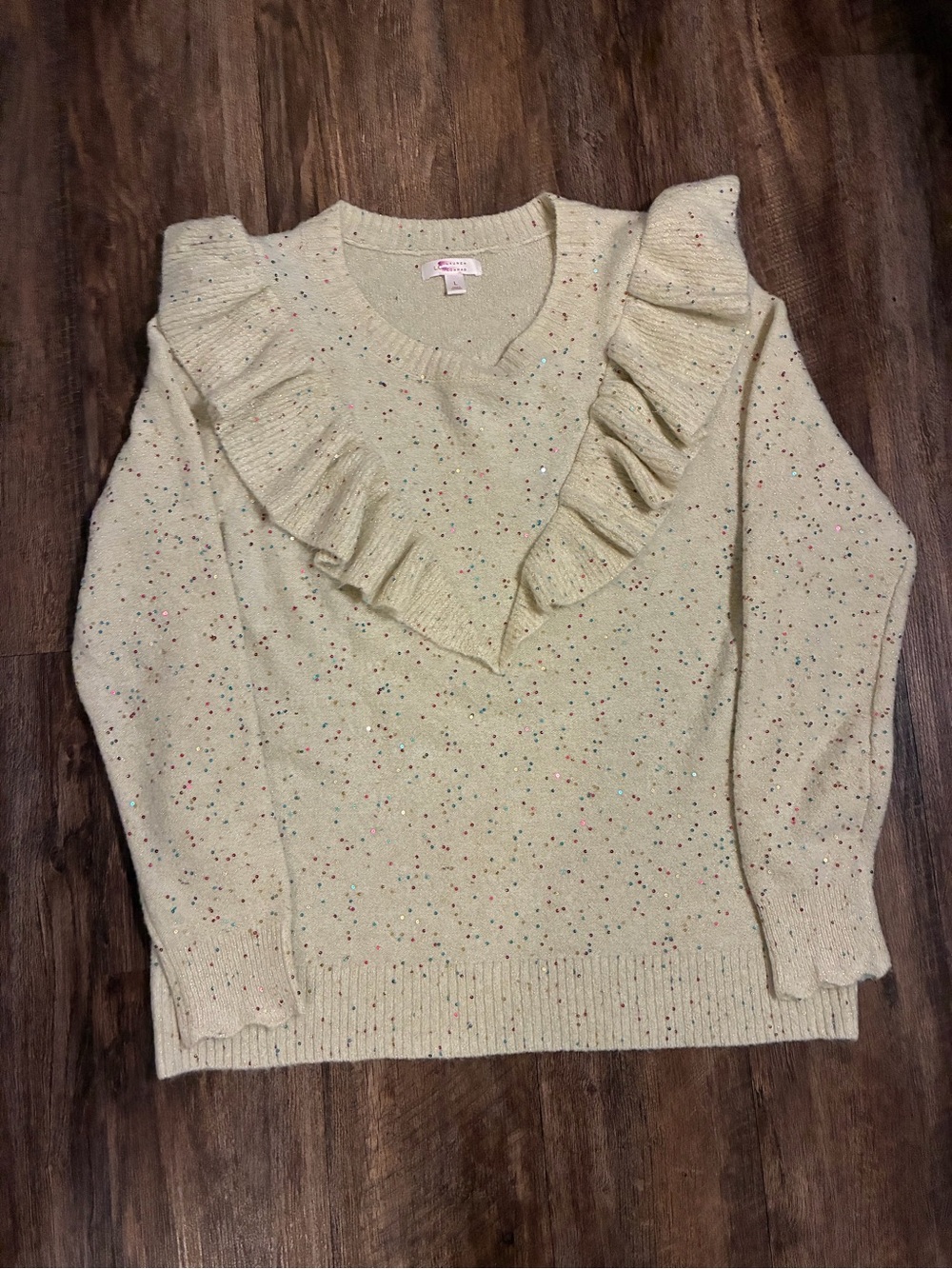 LC Lauren Conrad Cream Speckled Ruffle V-Neck Sweater